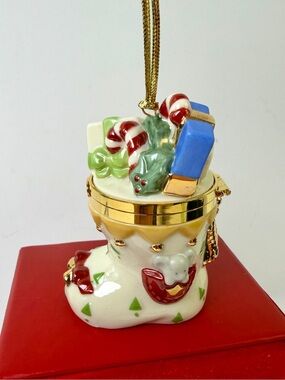 VTG Lenox Christmas Stocking Hinged Porcelain Trinket Box Ornament with/Box NOS